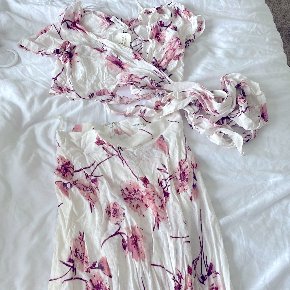 2 piece wrap shirt and skirt set white pink flowers cotton candy la nwt